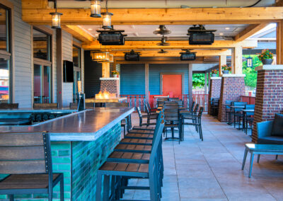 a restaurant with tables and chairs and a bar