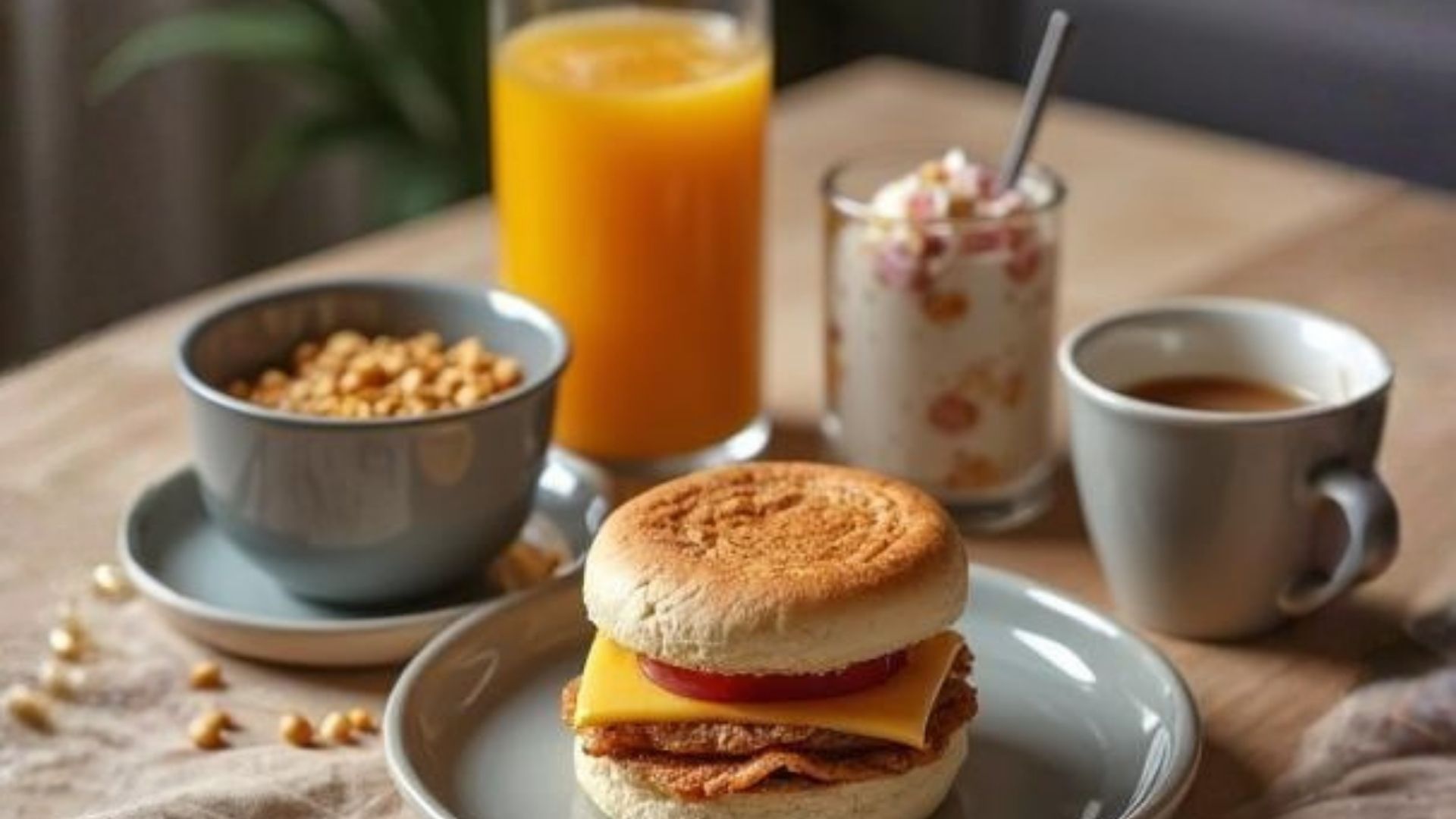 breakfast cereal, juice, yogurt, breakfaast sandwich, coffee